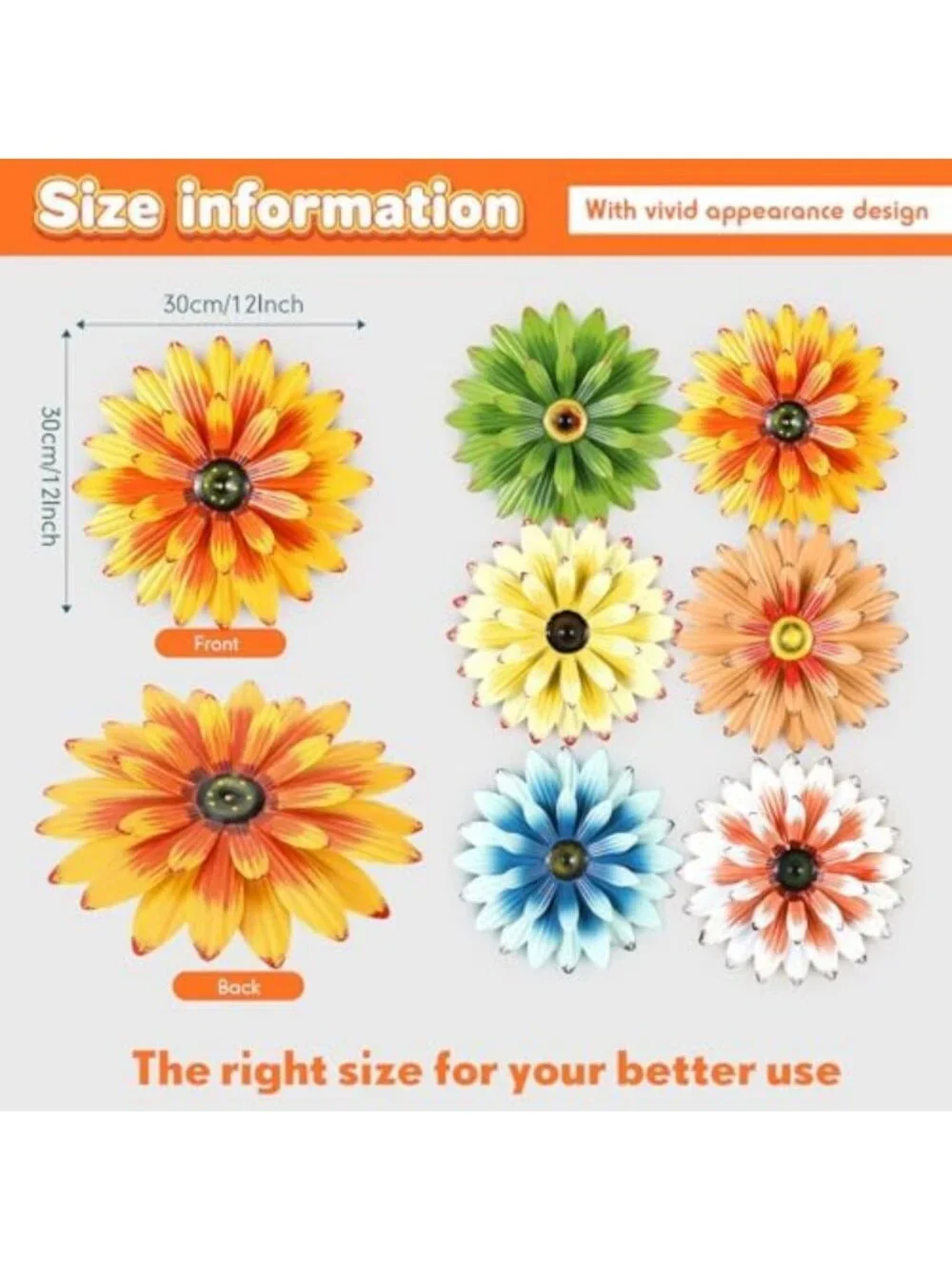 Elegant Metal Flower Wall Art Set of 6 for Outdoor Decor, 12 Inch, Colorful